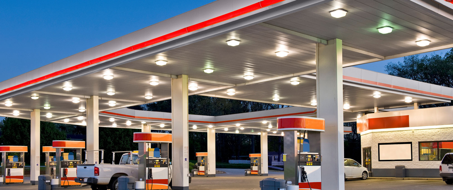 View Of A Gas Station At Dusk
