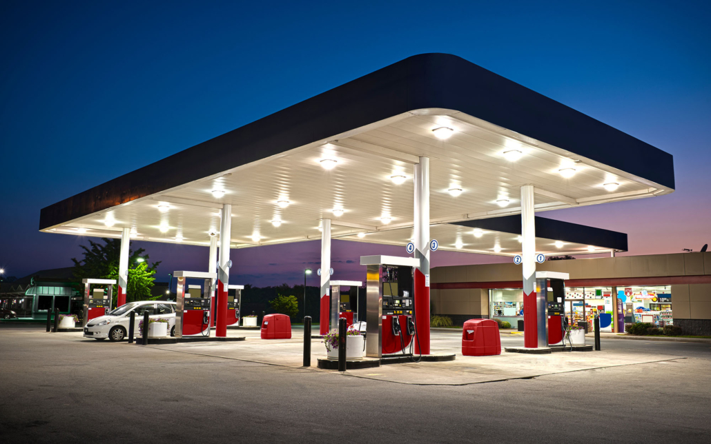 Exterior View Of A Gas Station At Night
