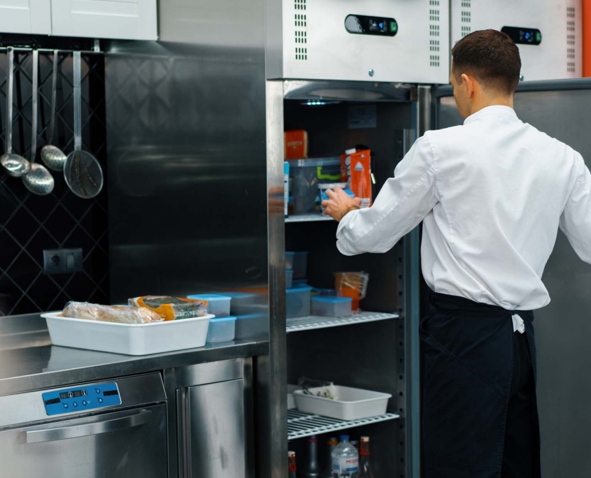 Worker Opening Fridge In Kitchen